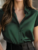 Elegant Women'S Spring And Summer Blouse with a Refined Satin End, Featuring Short Sleeves, Perfect for Commuting - Green