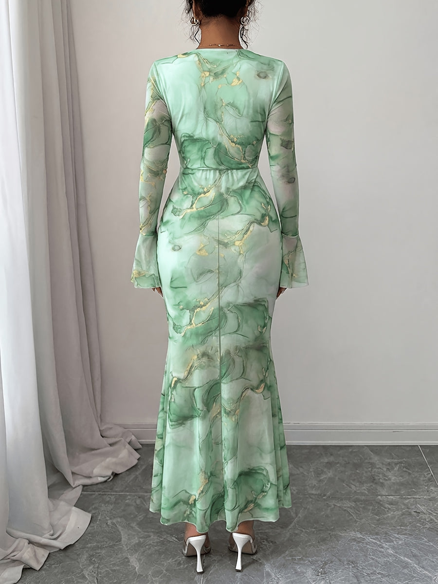 New French Casual Print Tie-Dye Golden Trim Mesh V-Neck Twist Knot Flare Sleeve High-End Elegant Slim Fit Women'S Long-Sleeved Dress, Suitable for Daily Wear And Valentine'S Day Autumn Dress - Light Green