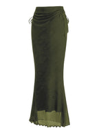 Women's Drawstring Mesh Midi Skirt - Military Green