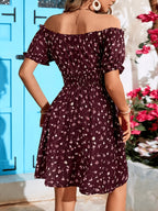 Women's Off-Shoulder/-Shoulder High-Waisted Beach Dress with Ruffle Hem - Bohemian Swim-to- Dress Suitable for Poolside, Vacation, Weddings, Machine Washable Fitted Dress - Burgundy