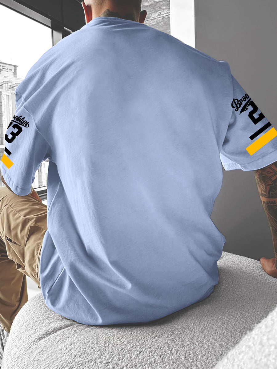 Men's Fashion Street Style T-shirt with Floral Script Font and Striped Print - Bright Steel Blue