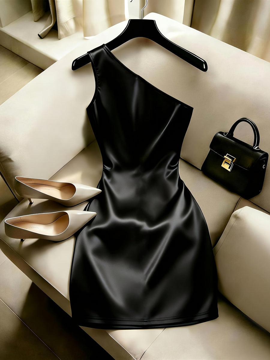 High-end Solid Color Satin One-Shoulder Dress with Metal Buckle, Side Pleats for Waist Definition, Summer Y2K Evening Party Temperament Fitted Mini Skirt - Black