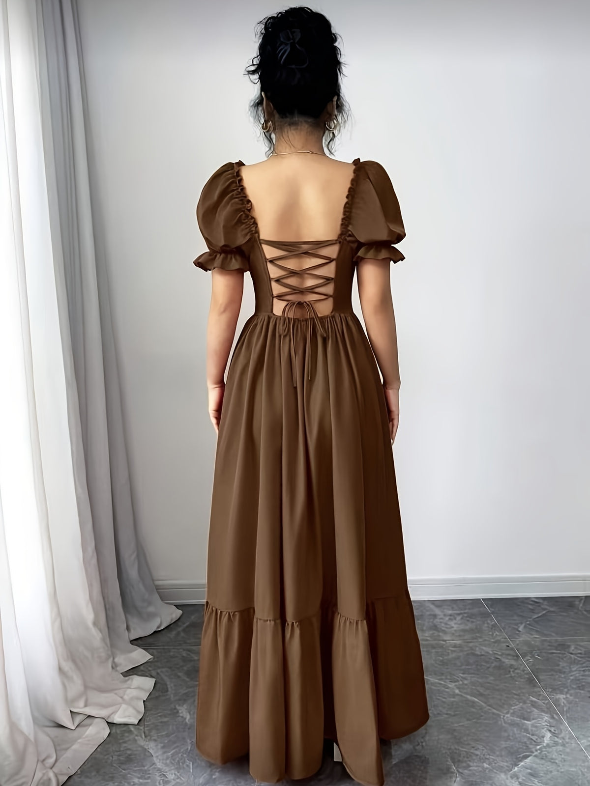 Elegant Daily Casual Fashion Women's Square Neck Puff Sleeve Front Tie-Up Hollow Waist Flared Skirt Summer Dress - 【Brown】