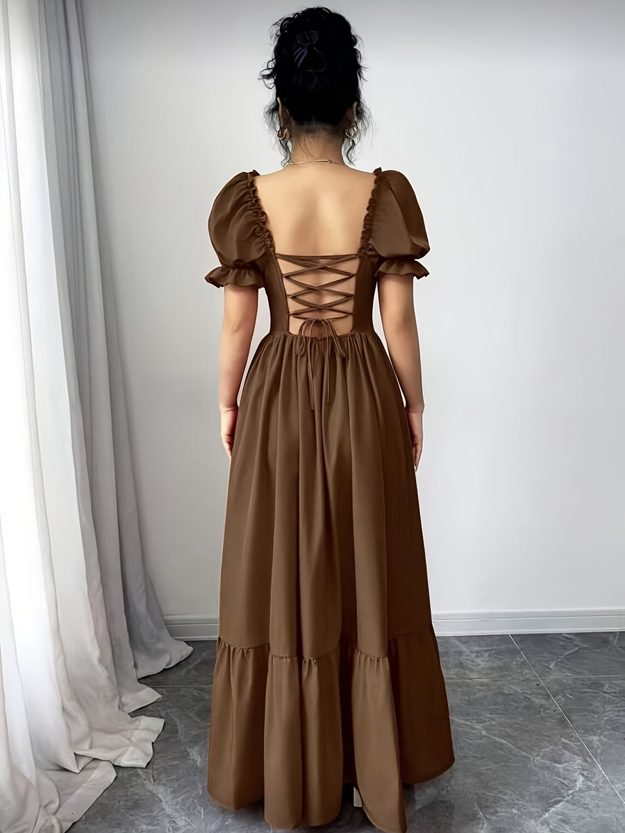 Elegant Daily Casual Fashion Women's Square Neck Puff Sleeve Front Tie-Up Hollow Waist Flared Skirt Summer Dress - 【Brown】