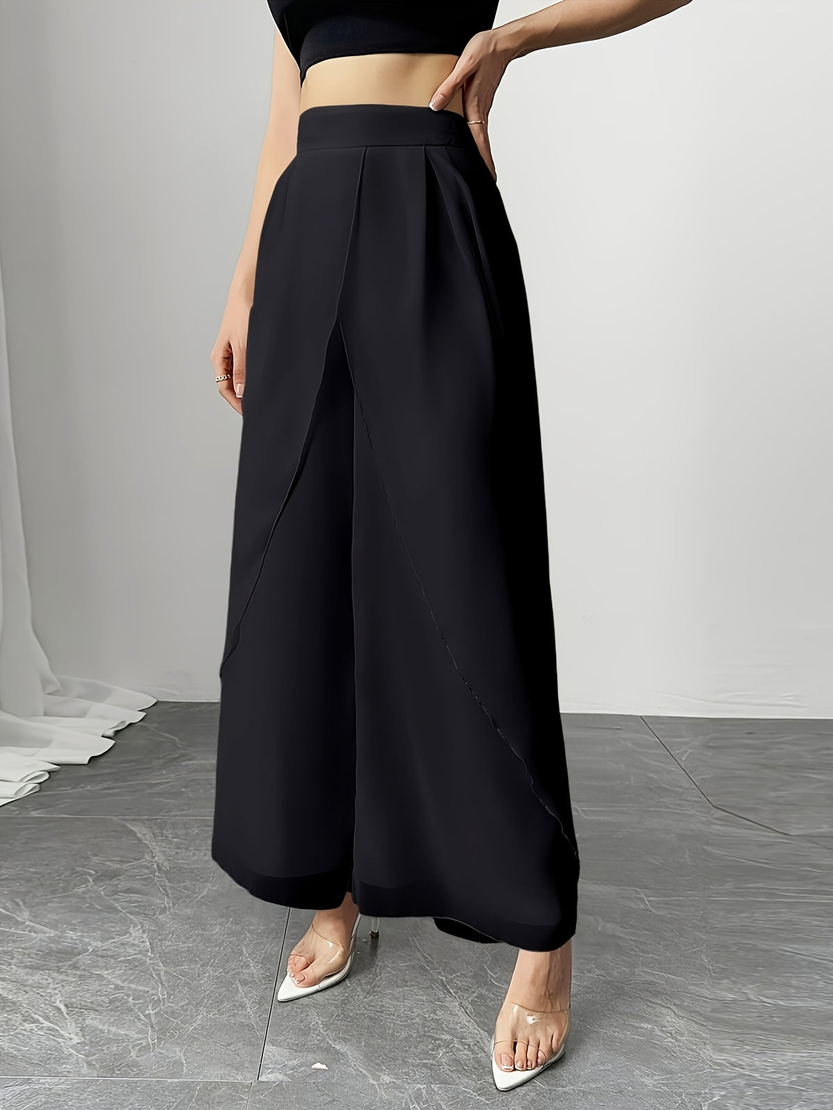 Women's Wide-Leg Pants, Simple Loose Long Pants, Flowing and Lightweight, Casual Elegant Style - Black