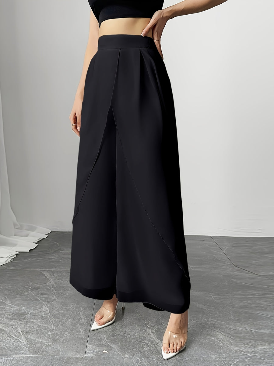 Women's Wide-Leg Pants, Simple Loose Long Pants, Flowing and Lightweight, Casual Elegant Style - Black