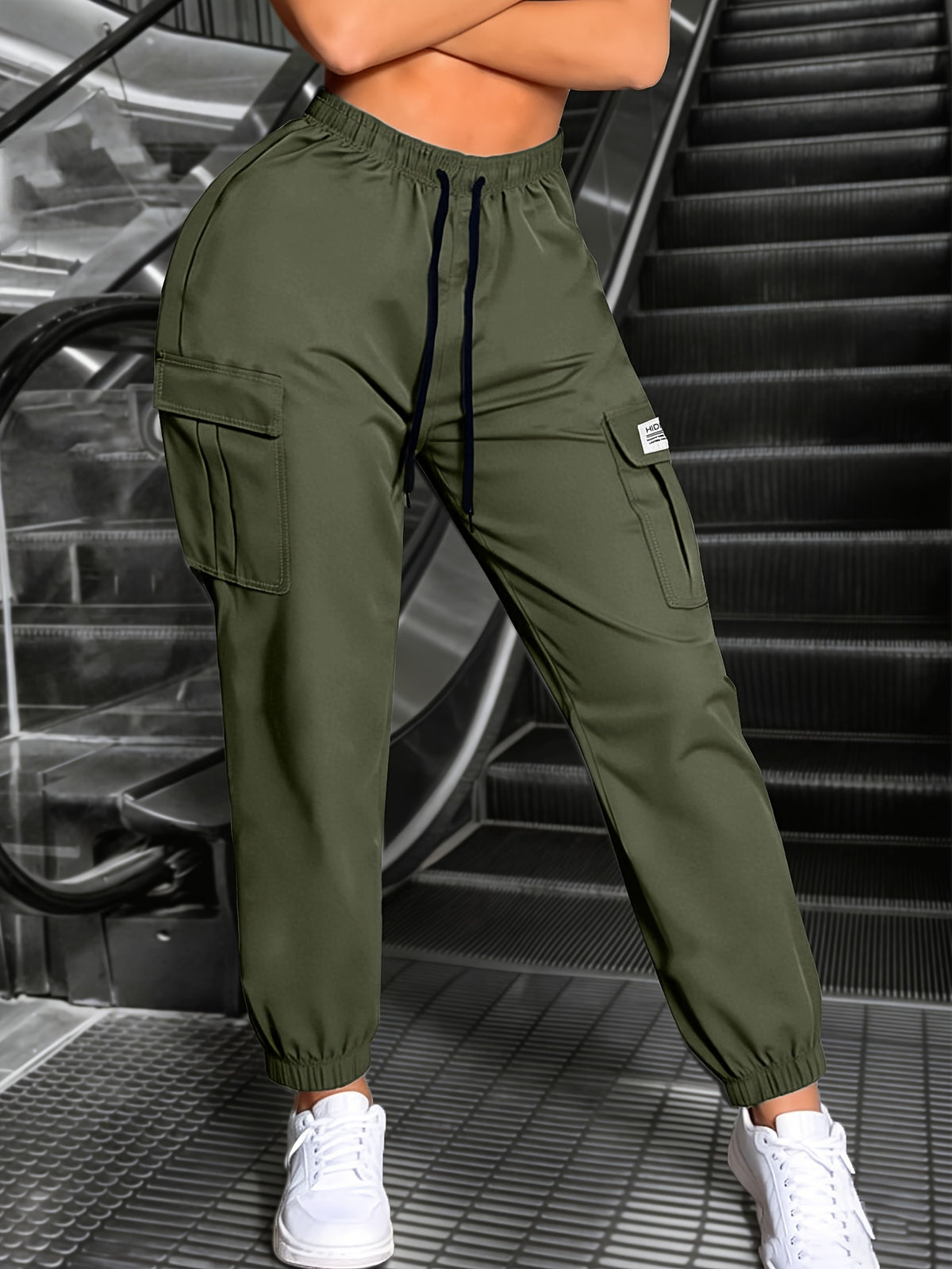 New Spring/Autumn Women's Long Pants, Solid Color Comfortable and Breathable Cargo Pants with Elastic Waistband, Drawstring, Large Pockets, Street Style Pants for Daily Outings and Outdoor Wear - Olive Green
