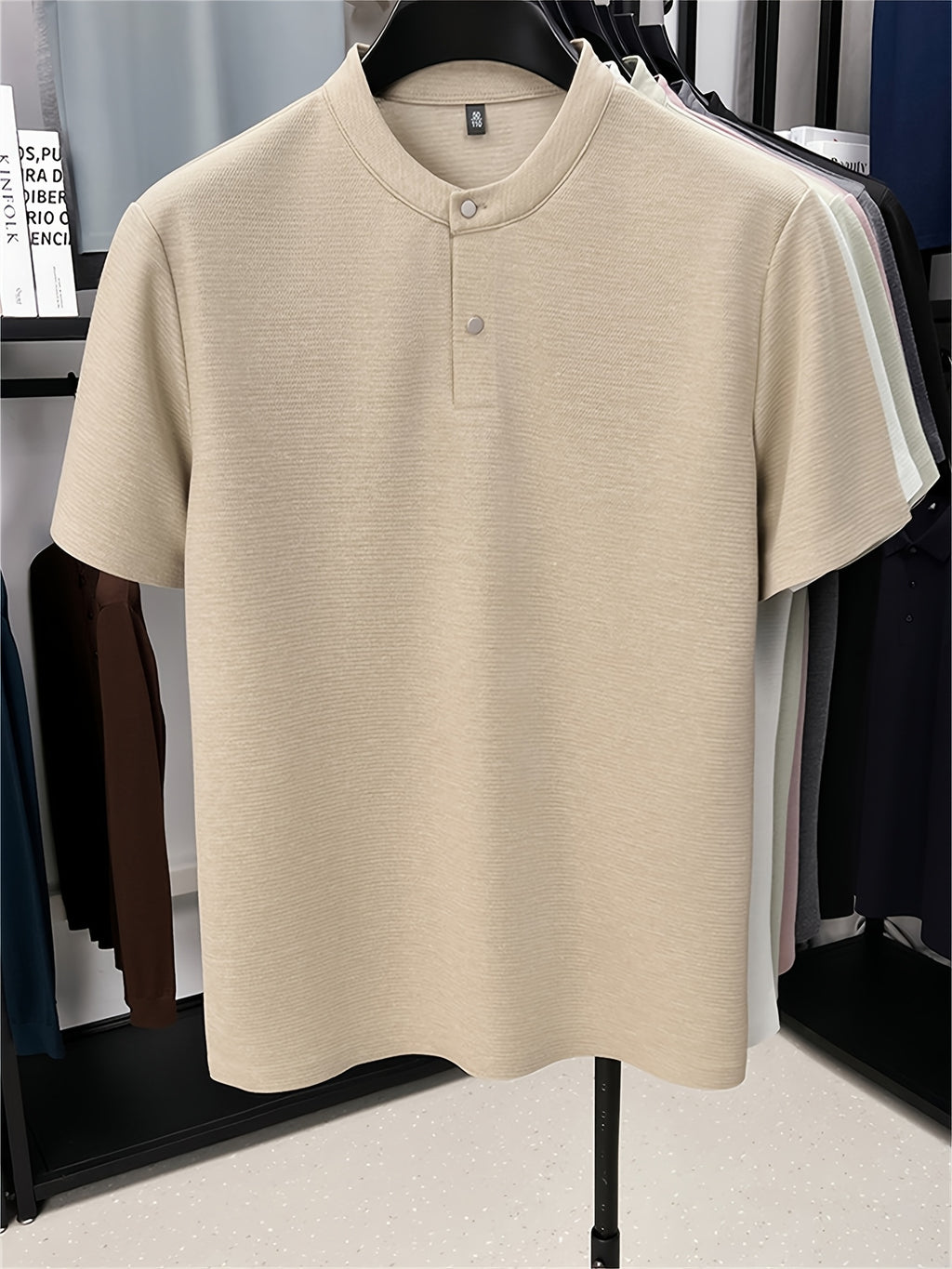 Men'S Henley Shirt Summer New Style, Solid Color Round Neck Top, Half-Button Placket, Button Closure Design, Layering with Thin Jacket, Versatile for Business Office, Golf Sports, Casual Outings, Short Trips, Father'S Day Gift, Men'S Gift - Khaki