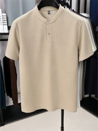 Men'S Henley Shirt Summer New Style, Solid Color Round Neck Top, Half-Button Placket, Button Closure Design, Layering with Thin Jacket, Versatile for Business Office, Golf Sports, Casual Outings, Short Trips, Father'S Day Gift, Men'S Gift - Khaki