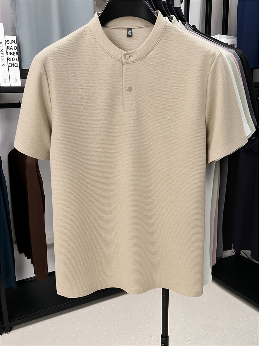 Men'S Henley Shirt Summer New Style, Solid Color Round Neck Top, Half-Button Placket, Button Closure Design, Layering with Thin Jacket, Versatile for Business Office, Golf Sports, Casual Outings, Short Trips, Father'S Day Gift, Men'S Gift - Khaki