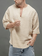 Men'S Casual Linen Short Sleeve Shirt - Lightweight And Breathable, Perfect for Beach, Summer, Weddings, And Outdoor Activities, Outdoor Casual Top | V-Neck Short Sleeve T-Shirt | Breathable Fabric - Apricot