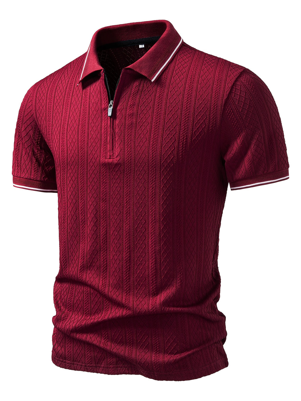 Joshmei OBM Men's Textured Jacquard Zipper Collar Polo Y Stretch T-Shirt Casual Style Polo Shirt - Burgundy