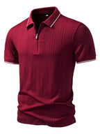 Joshmei OBM Men's Textured Jacquard Zipper Collar Polo Y Stretch T-Shirt Casual Style Polo Shirt - Burgundy