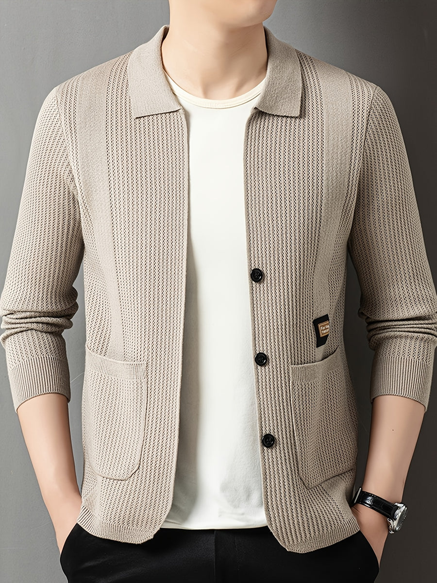 Men'S Spring Autumn Lapel Knit Jacket Cardigan - Khaki