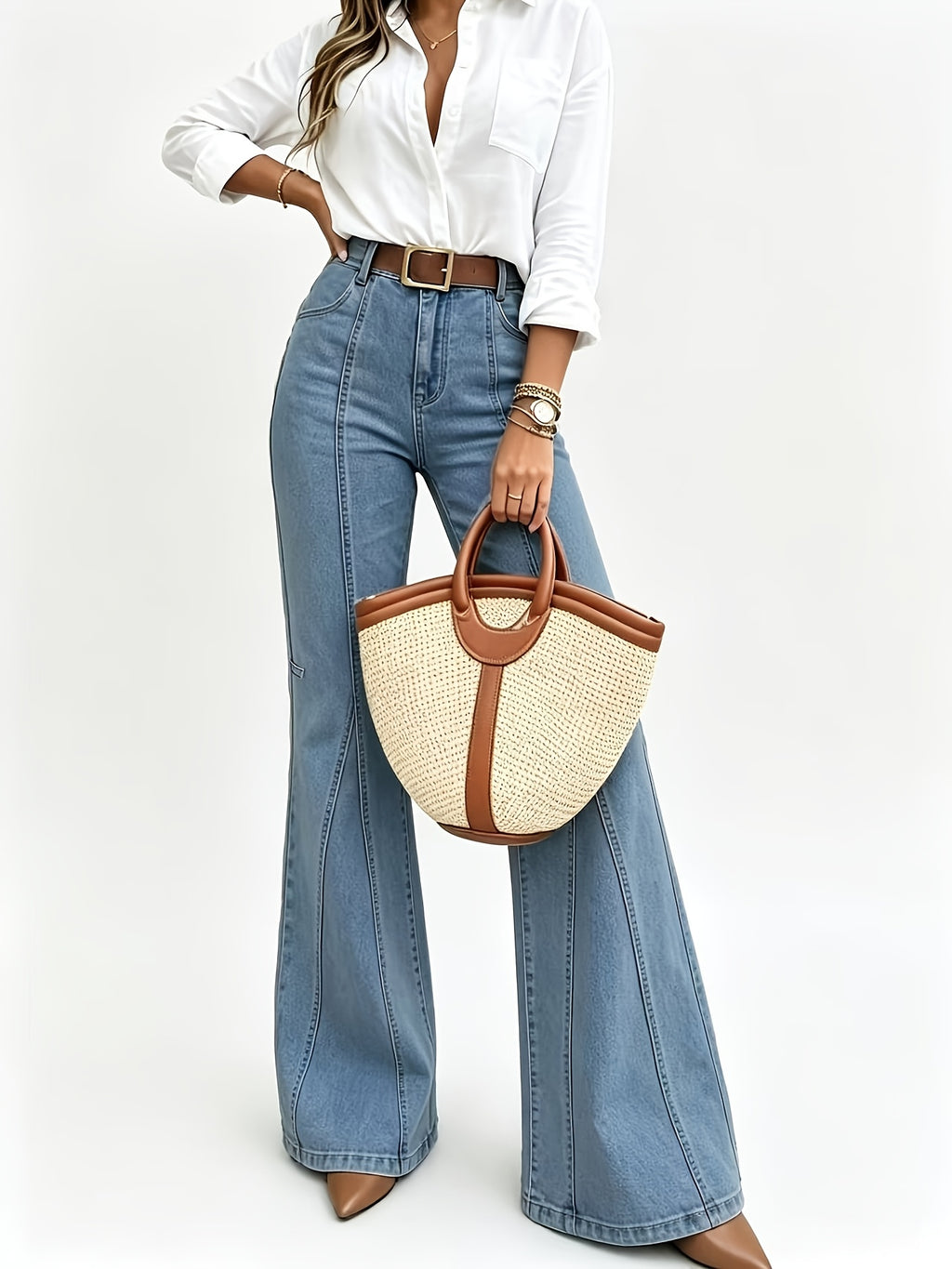 Distressed Rivet Stretch Flare Jeans - Bright Steel Blue