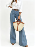 Distressed Rivet Stretch Flare Jeans - Bright Steel Blue