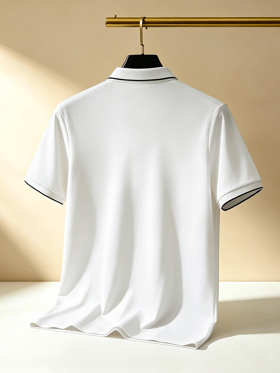 Quick-Dry V-Neck Men'S Golf Polo with Contrast Cuffs, Classic Logo Print, Luxury Contrast Collar, Anti-Pilling Breathable Fabric, Ideal for Sports, Business Casual, Commuting, Golf, And Business Settings - White