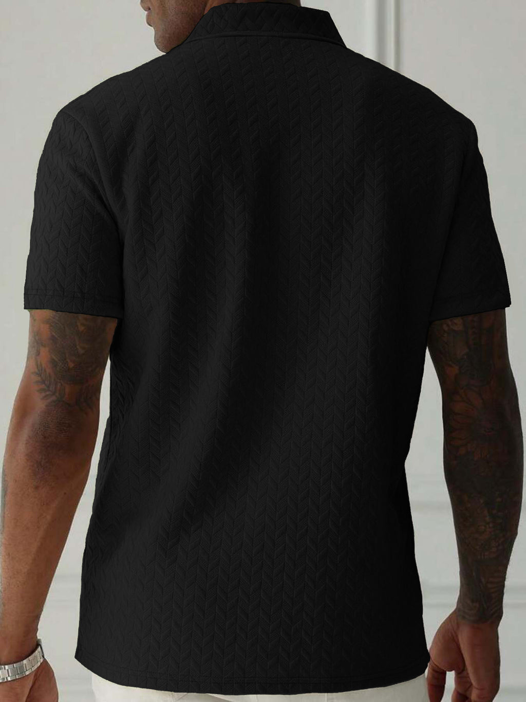 Men'S Summer Fashion Breathable Polo Shirt Short Sleeve, Easy Style, 3D Jacquard Texture Fabric, Vertical Texture Very Good, Zipper Collar Design, Easy Style Small Print Pattern And Zipper Details - Black
