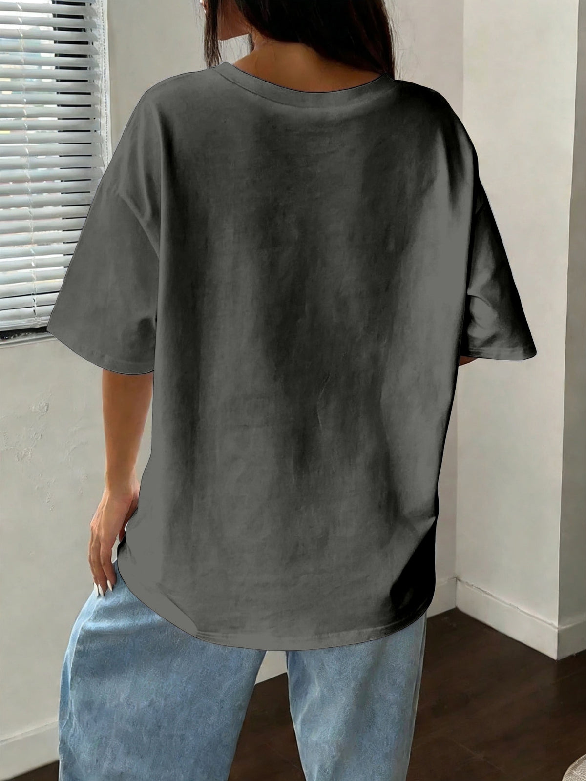 Women's Oversized Round Neck T-Shirt - Lightweight Short Sleeve Blouse Basic Solid Color Top | Spring Summer Casual Loose Fit Pullover, Machine Washable Suitable for Casual Attire, Office, Lounge & Layering - Dark Gray