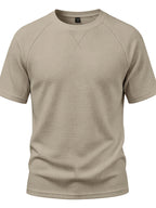 Men's Lightweight Waffle Knit Short Sleeve Shirt, Casual Crew Neck Textured T Shirt with Relaxed Fit Design, Breathable Comfortable Summer Pullover Top for Beach Vacation, Travel, Camping, Outdoor Sports and Casual Attire - Khaki