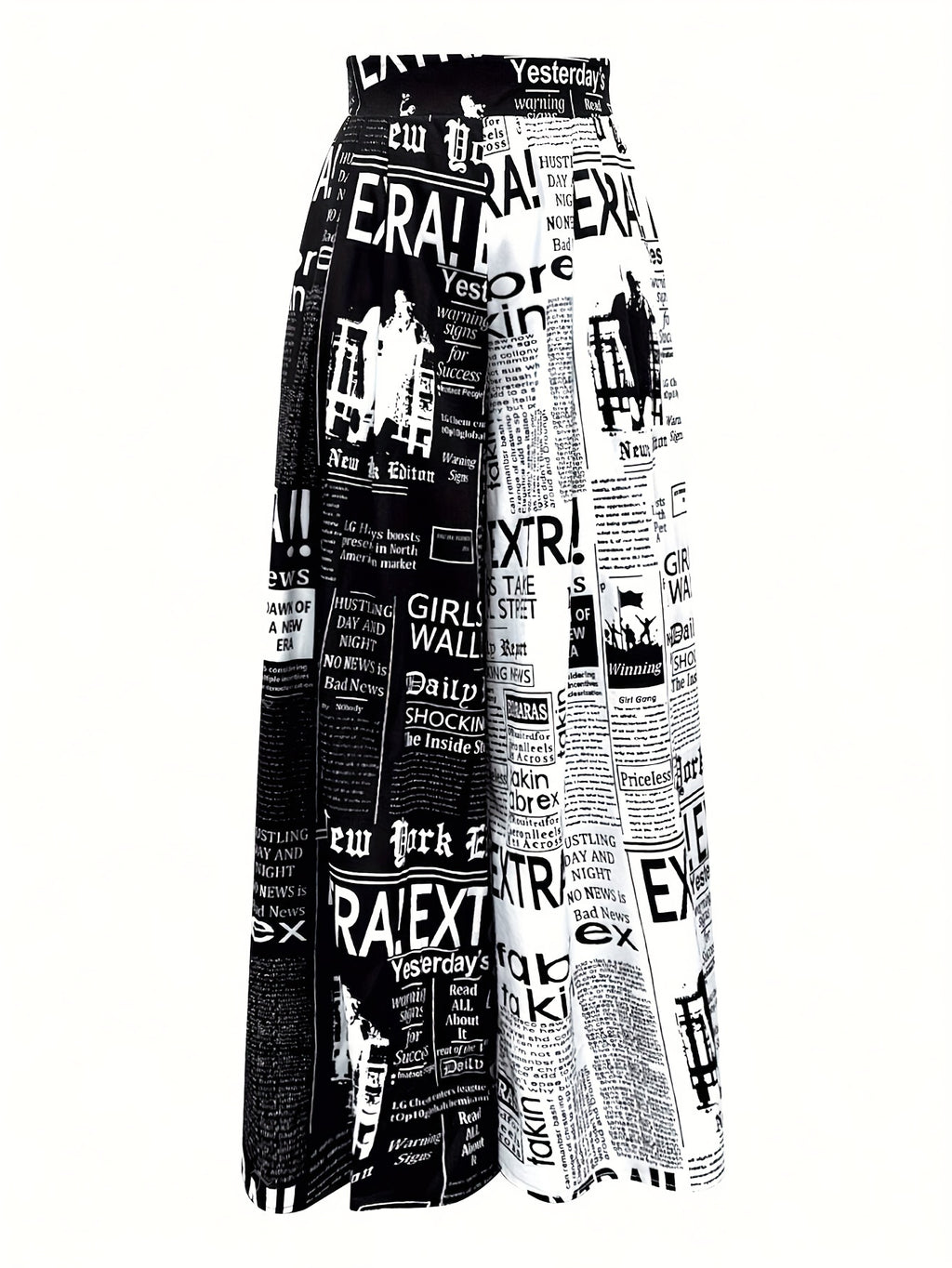 Women's High Waisted Casual Trousers, Vintage Newspaper Print Loose Wide Leg Pants, Elegant Spring Summer Fall Streetwear - Black And White Letters