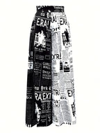 Women's High Waisted Casual Trousers, Vintage Newspaper Print Loose Wide Leg Pants, Elegant Spring Summer Fall Streetwear - Black And White Letters