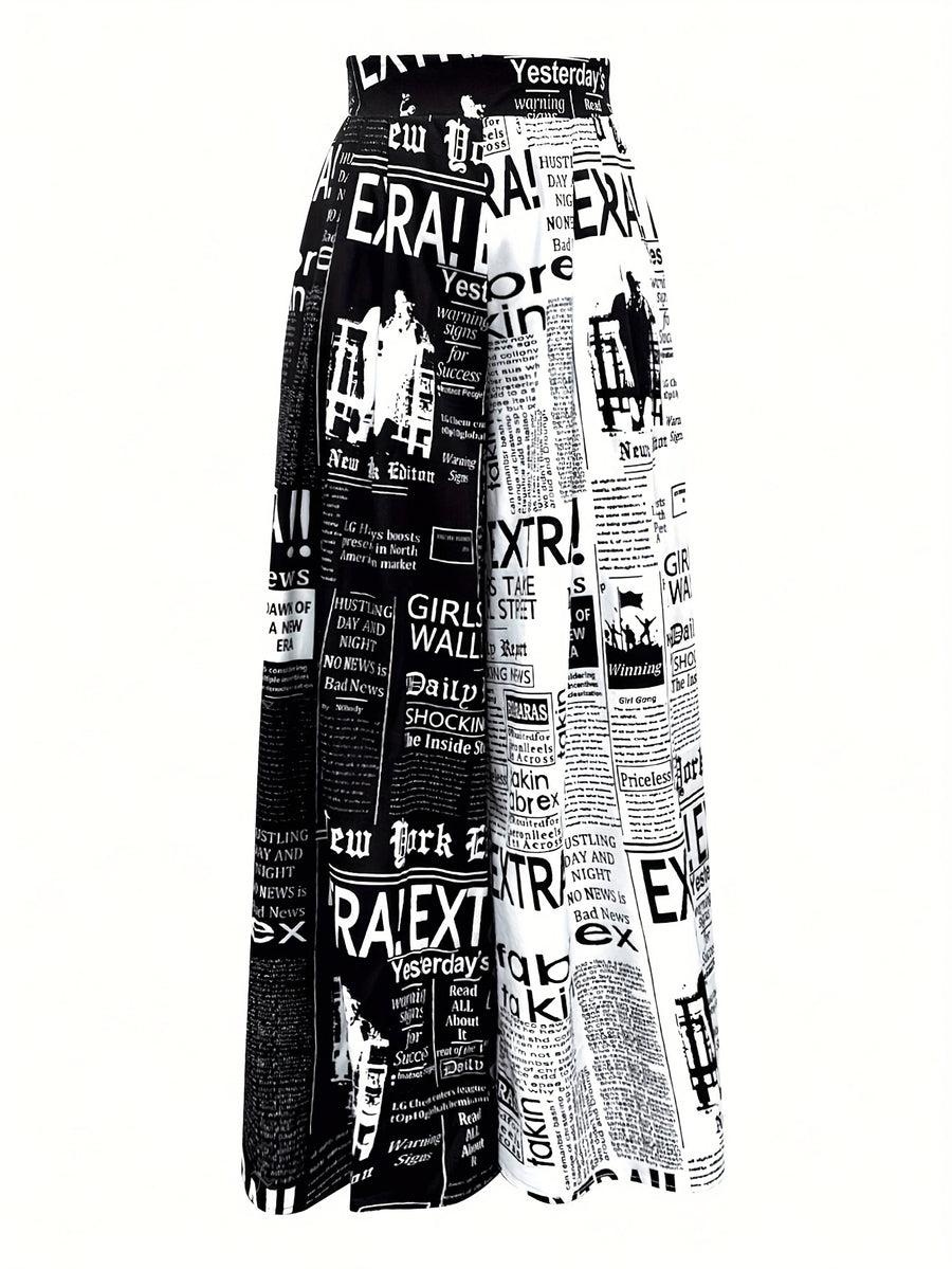 Women's High Waisted Casual Trousers, Vintage Newspaper Print Loose Wide Leg Pants, Elegant Spring Summer Fall Streetwear - Black And White Letters
