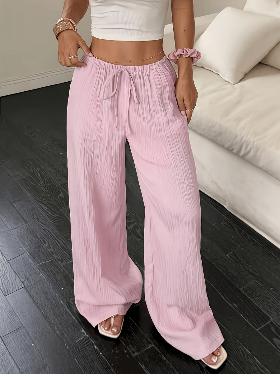 Women's Fashion Casual Khaki Solid Color Elegant Faux Drawstring Straight-Leg Pants - Spring, Summer, and Autumn Solid Color Machine-Washable Trousers, Versatile for Casual and Formal Wear, Faux Drawstring Design, Comfortable and Versatile Style - Pink