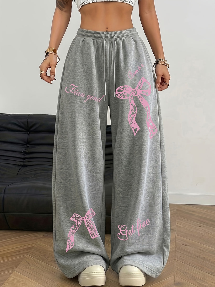Sweet and Cool Bow Print with Letter Pattern, Women's Casual Y Straight-Leg Pants, Elastic Waist with Drawstring Wide-Leg Long Pants, All-Season Women's Trousers - Light Grey