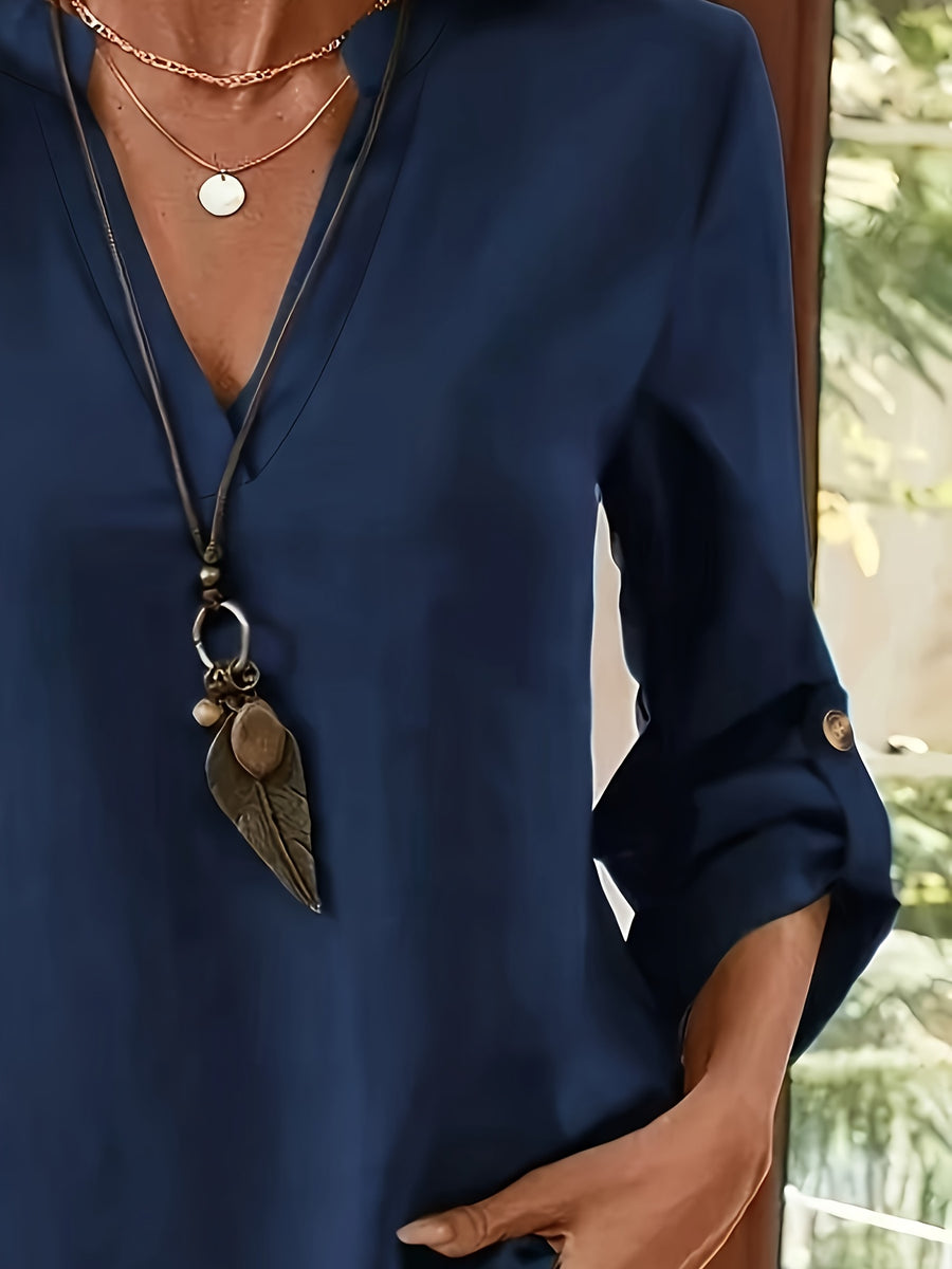 Women's V-neck Loose Fit Casual Spring/Autumn Long Sleeve Solid Color Shirt, Drop Shoulder Sleeves, Fashionable Vintage Simple Versatile Women's Clothing - Navy Color