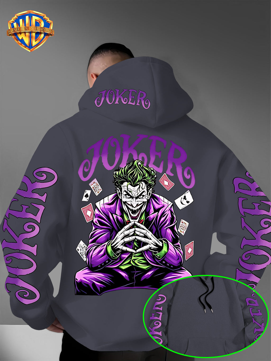 Warner Bros. Fashion Poker Joker Print, Hat Design Pattern, Multi-functional Street Style Men's Hooded Sweatshirt, Comfortable and Casual, Suitable for Autumn and Winter Wear - Dark Gray