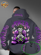 Warner Bros. Fashion Poker Joker Print, Hat Design Pattern, Multi-functional Street Style Men's Hooded Sweatshirt, Comfortable and Casual, Suitable for Autumn and Winter Wear - Dark Gray