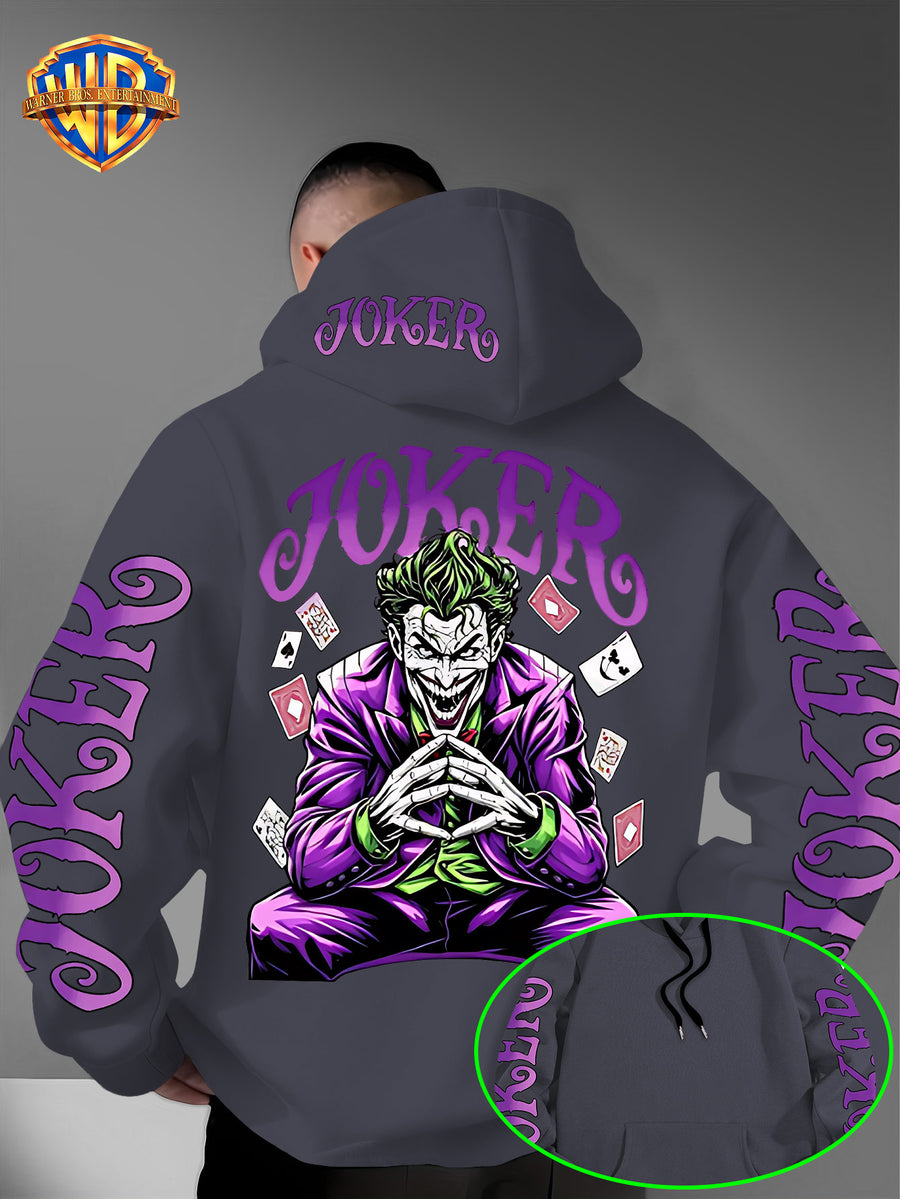 Warner Bros. Fashion Poker Joker Print, Hat Design Pattern, Multi-functional Street Style Men's Hooded Sweatshirt, Comfortable and Casual, Suitable for Autumn and Winter Wear - Dark Gray