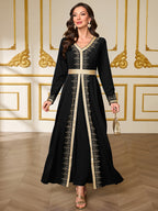 Ramadan Limited Edition Apparel, Vintage Black Base Gilded Embroidered Trim Robe, Lace-Up Waist Style Women'S Dress - Black