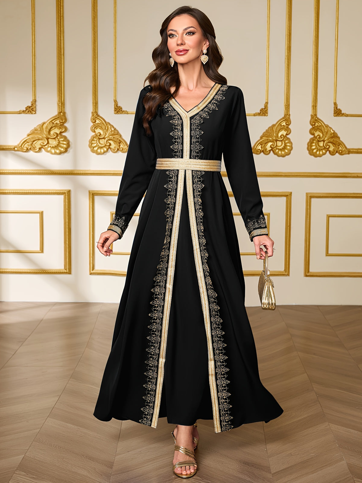 Ramadan Limited Edition Apparel, Vintage Black Base Gilded Embroidered Trim Robe, Lace-Up Waist Style Women'S Dress - Black