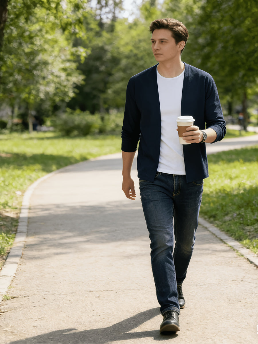 Popular Men's Waffle Knit V-Neck Cardigan, Spring/Autumn Business Casual Buttonless Outerwear, Breathable and Comfortable Knit Sweater, Slimming and Elegant Men's Outerwear, Solid Color Simple and Versatile Top, Soft, Skin-Friendly - Navy Color