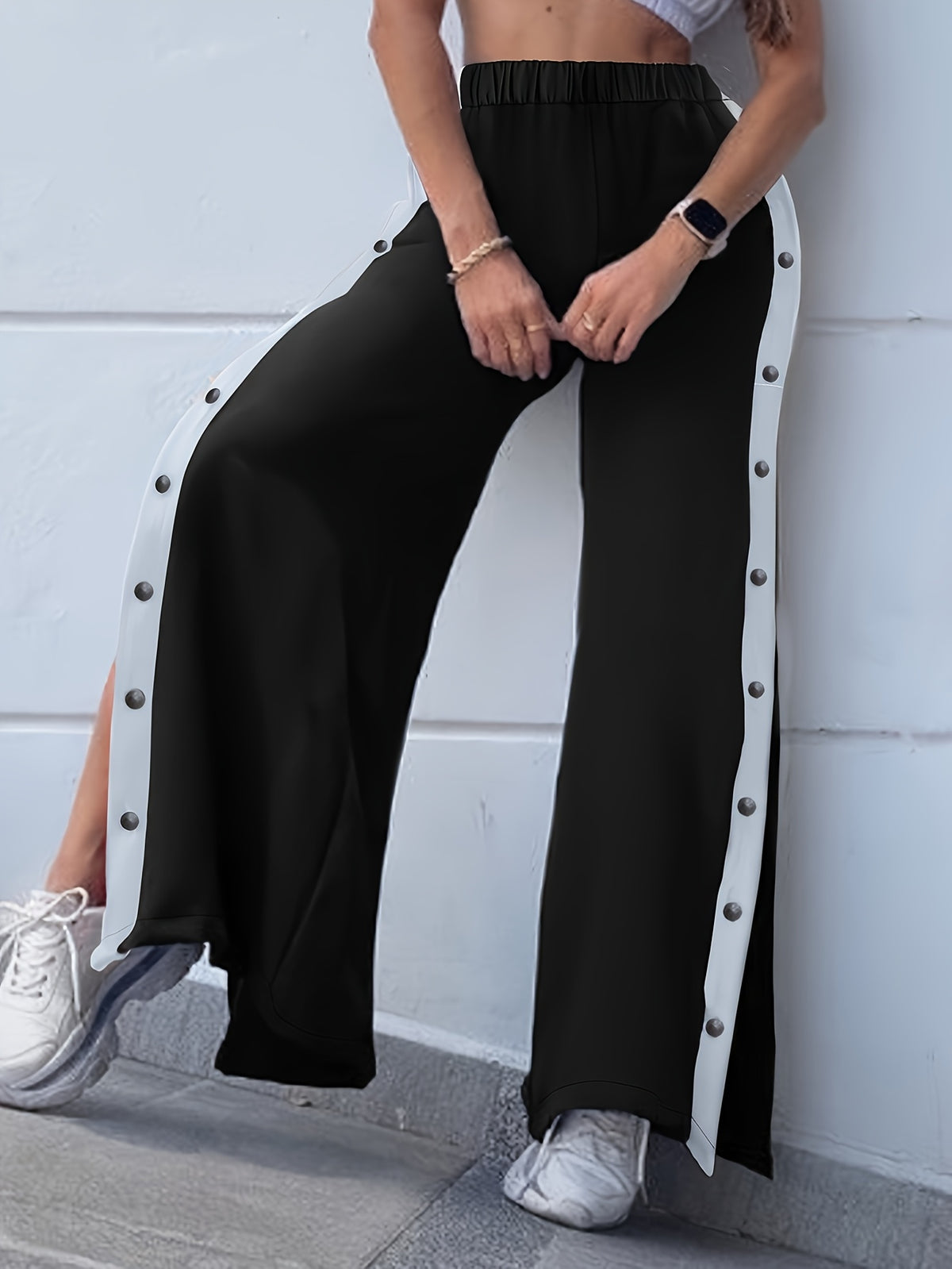 Women's Black and White Color Block Side Button Fly Wide Leg Casual Pants - Black