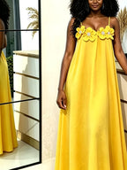New Outing Party French Heavy Embroidery 3D Floral Sleeveless Cami Dress Loose Long Backless Vacation Light Dress - Yellow