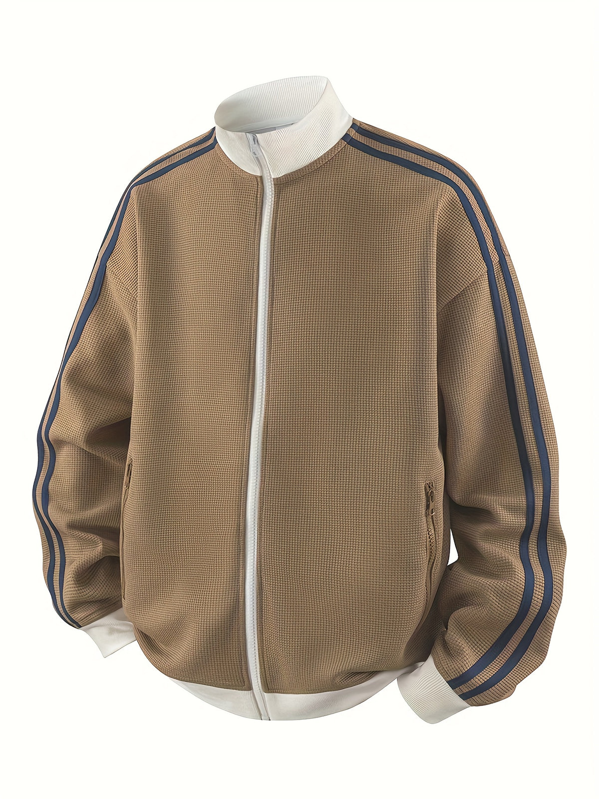 Men'S American Vintage Cardigan Sweatshirt, New Striped Stand-Up Collar, College Style Sports Casual Jacket for Spring And Autumn - Brown