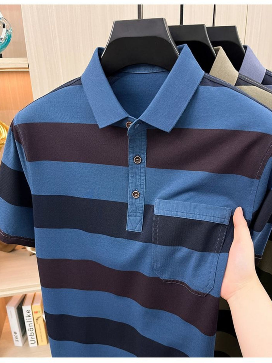 Men's Summer Striped Polo Shirt, Washed with Enzyme Process, Pearl Cotton Short Sleeve T-Shirt, Middle-Aged Business Casual Dad Style - Blue