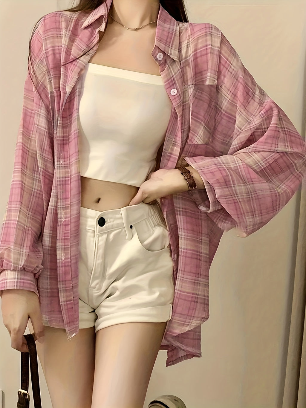 Women'S Elegant Random Patchwork Plaid Print Button-Up Long Sleeve Shirt - Pastel Pink
