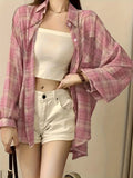 Women'S Elegant Random Patchwork Plaid Print Button-Up Long Sleeve Shirt - Pastel Pink