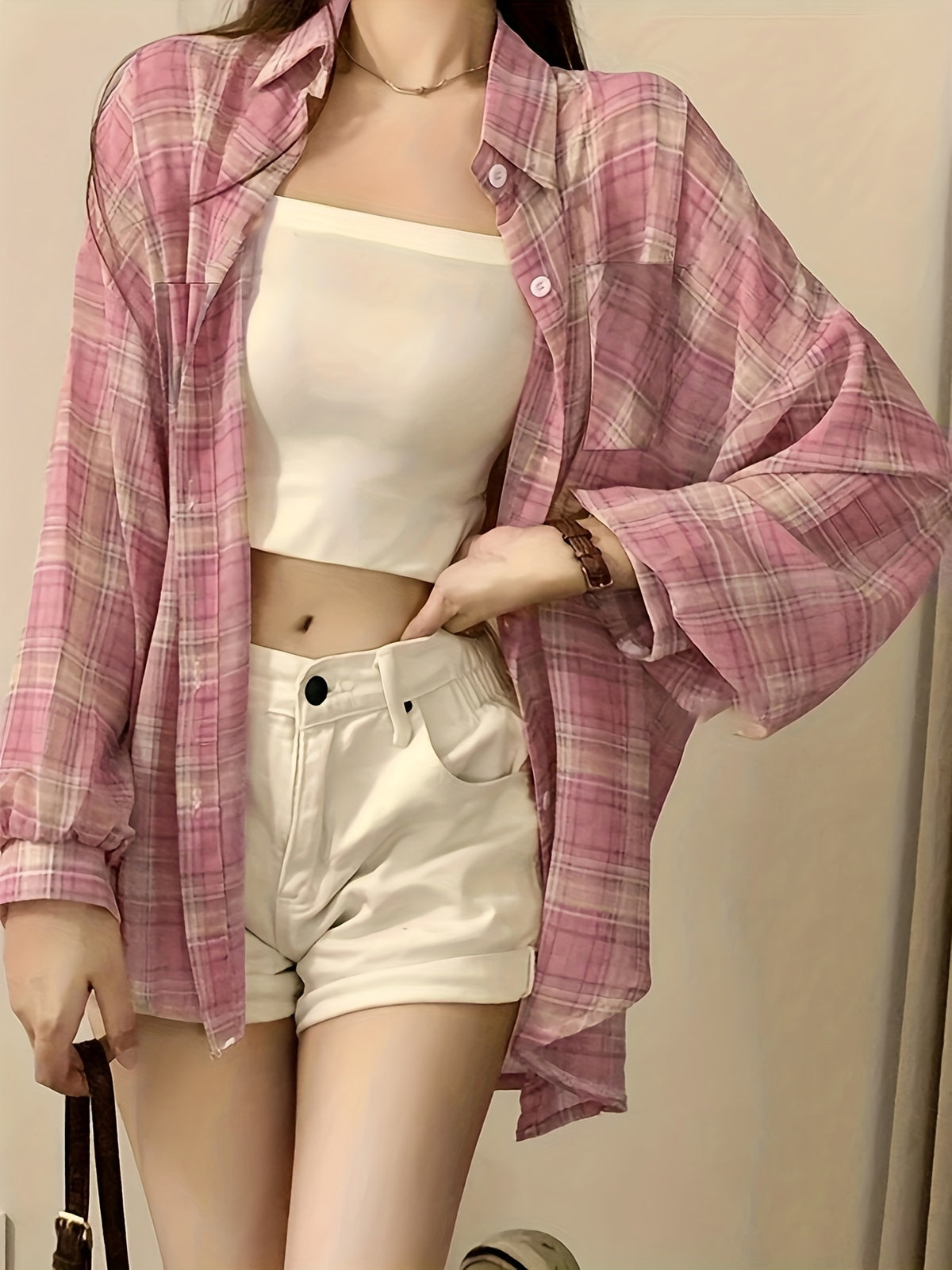 Women'S Elegant Random Patchwork Plaid Print Button-Up Long Sleeve Shirt - Pastel Pink
