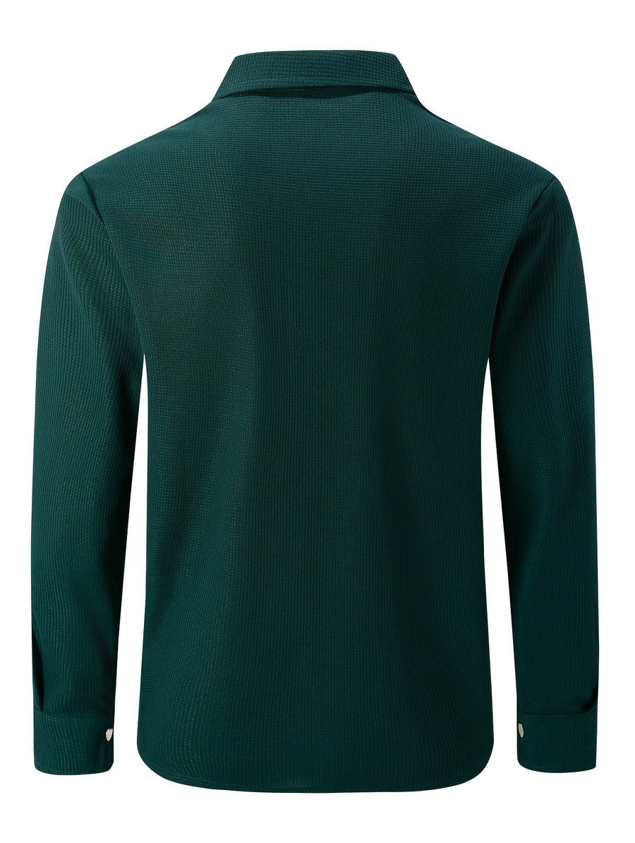Mens Textured Waffle Shacket Collar Button Front Multi Pocket Long Sleeve Outerwear Top - Military Green