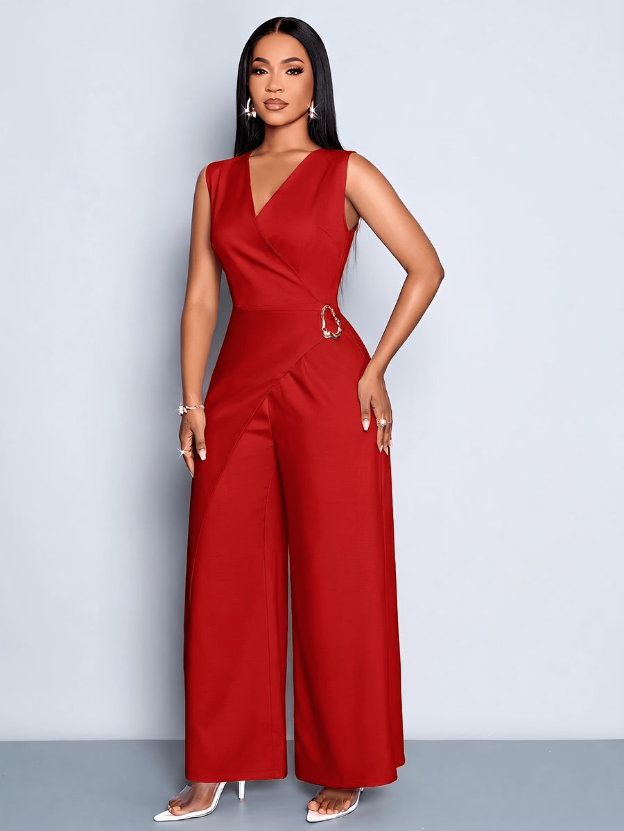 Women's Casual and Elegant Sleeveless Jumpsuit, Business Casual Wear, Simple Style Office Attire for Women - Red