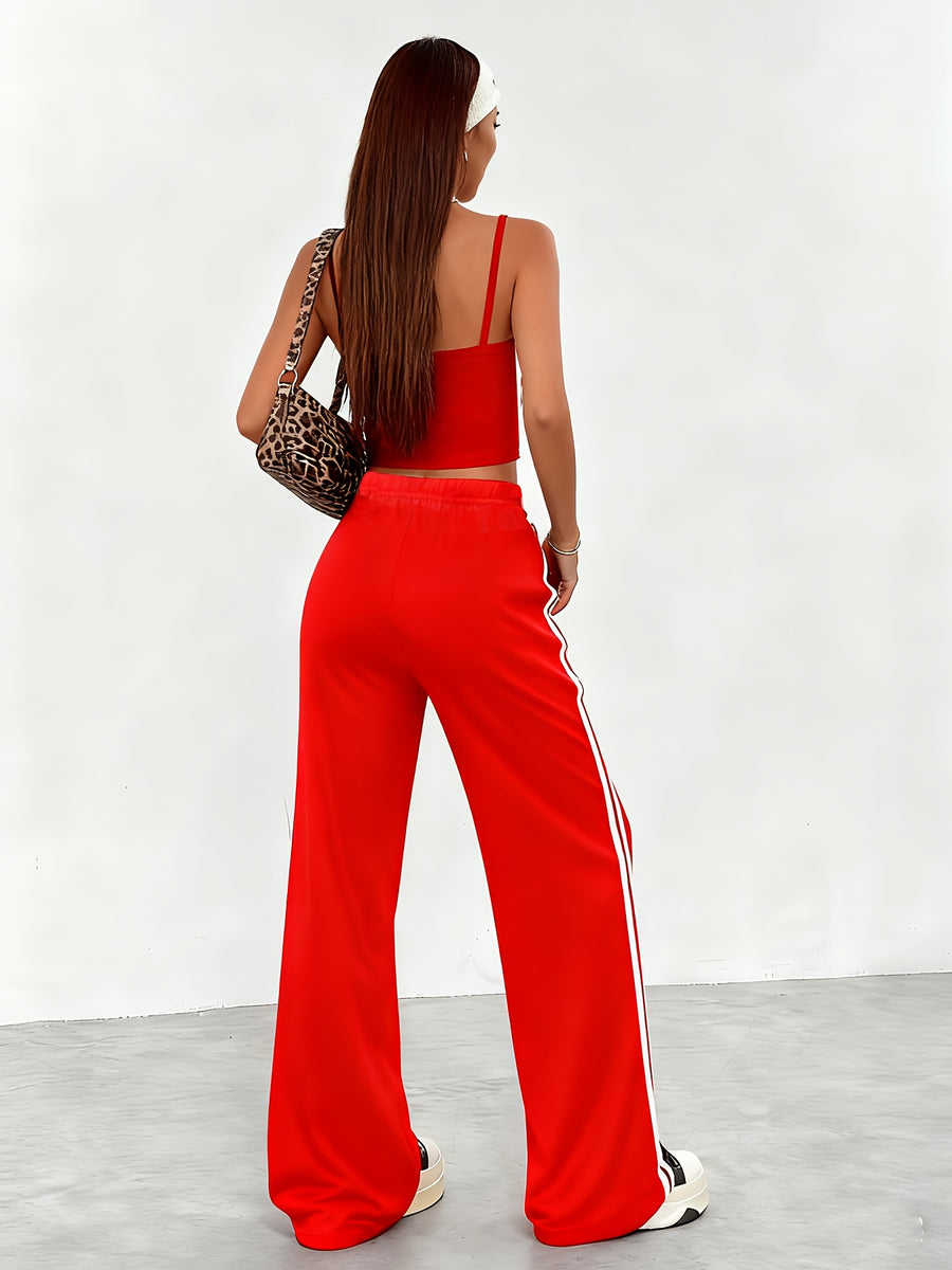 Spring/Summer New Women's Outfit Set, Crop Top + Wide-Leg Pants with Contrast Side Stripes - American y Style & Korean Lazy Chic Look - Red 1