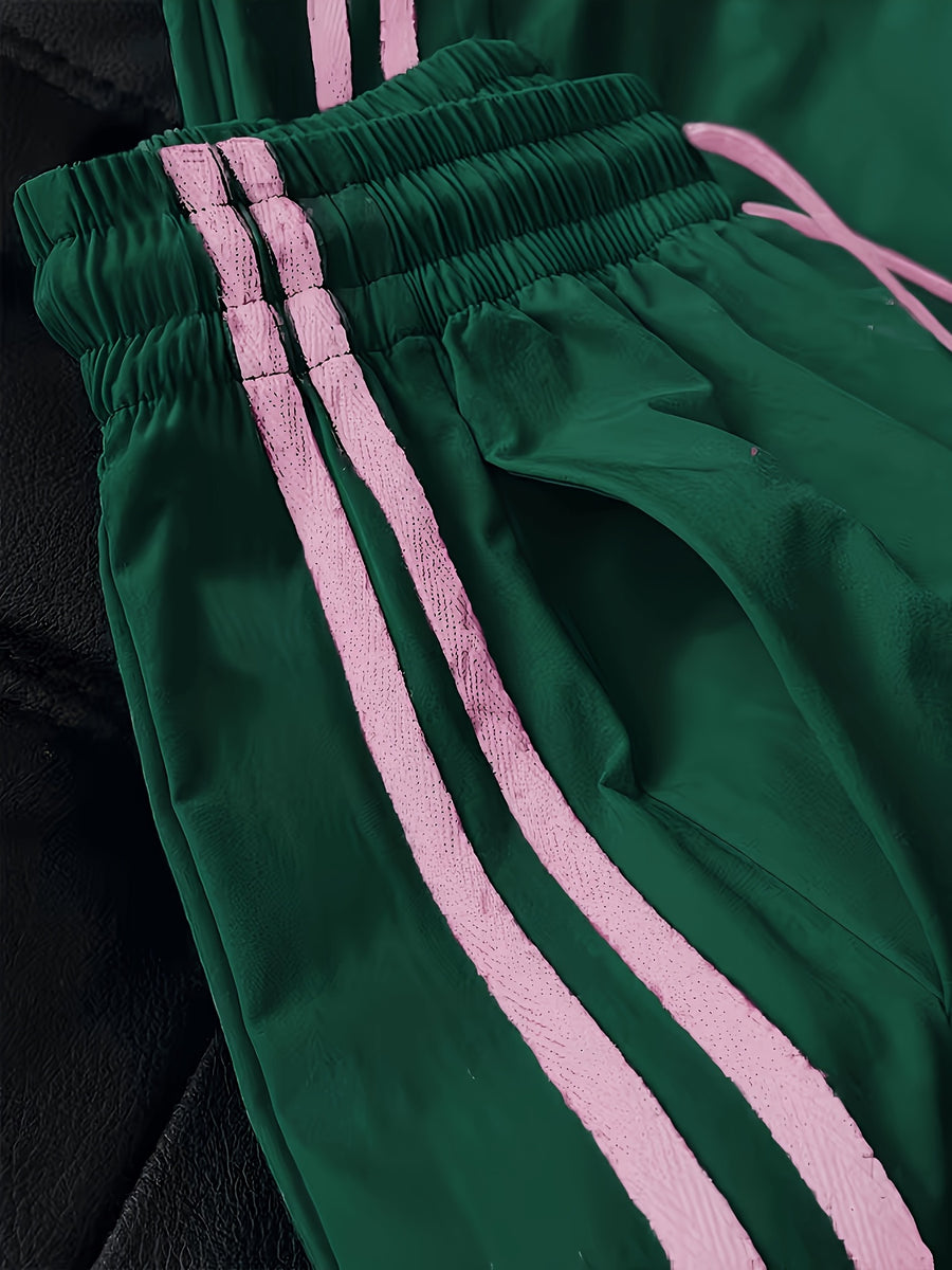 New Cross-Border Fashion Casual Women's Long Pants with Double Stripes, Drawstring Waist, Cuffed Hem, and Side Pockets - ZLLZ - Dark Green
