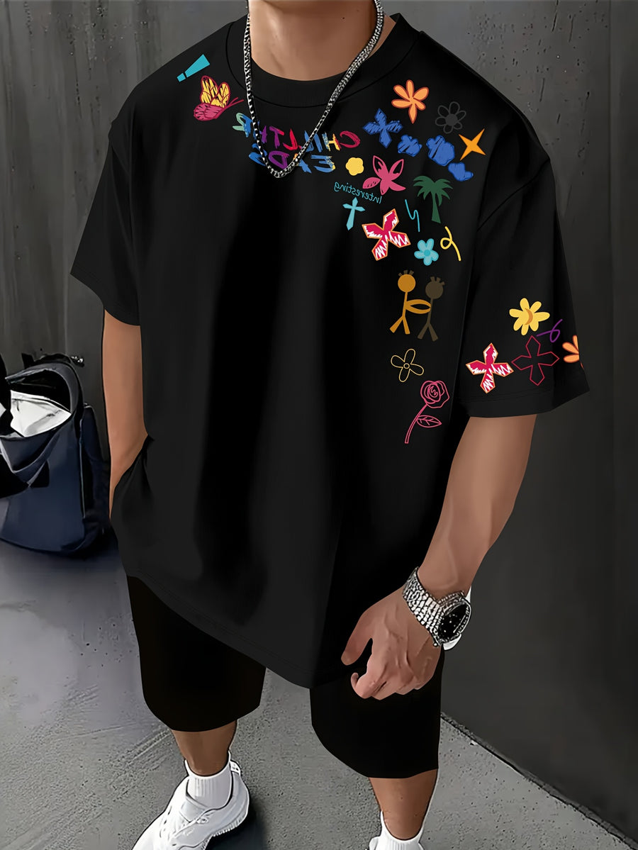 Men'S Multicolor Floral And Butterfly Pattern Print T-Shirt, Street Style, Suitable for Casual Wear, Loose Drop Shoulder Fit, Round Neck Short Sleeve Tee - Black