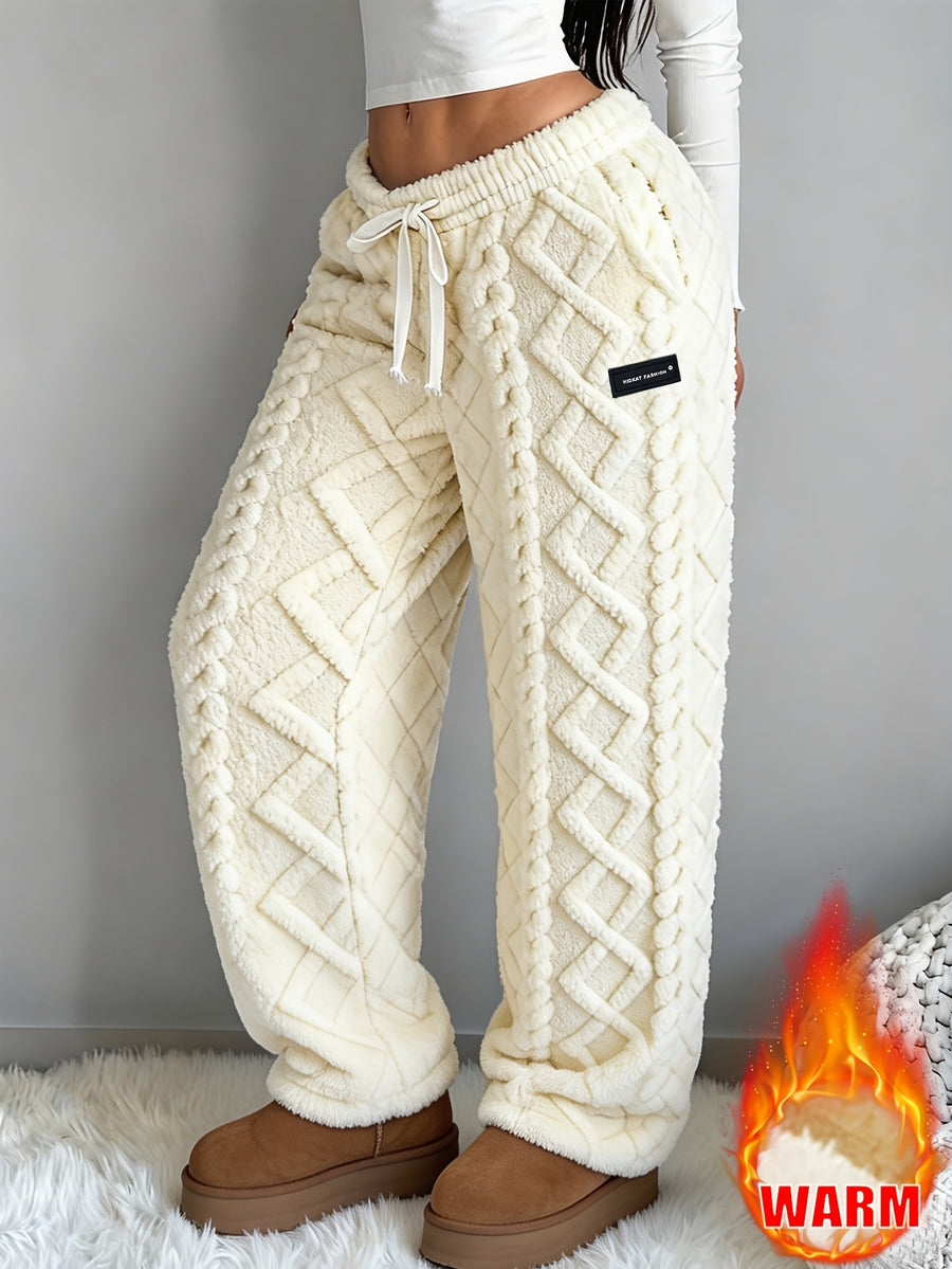 Autumn/Winter Women's -Lined Thickened Warm Casual Pants, Jacquard Fabric, Drawstring Waist, Suitable for Winter Home and Outdoor Leisure Wear - Off-white