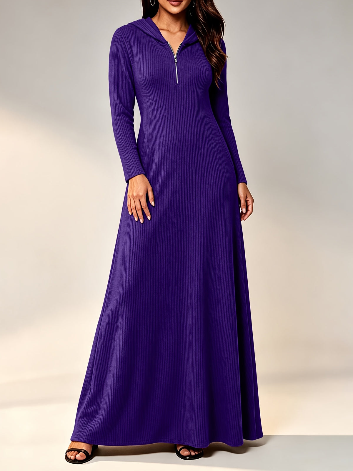 Plus Size - Western Plus Size Women'S Ribbed Hooded Long Dress, Half-Open Zipper Long Sleeve Fitted Flared Casual Floor-Length Skirt - Purple